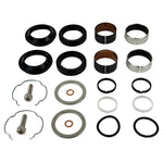 Assorted Moto Iron® hardware components from the Moto Iron Complete Fork Rebuild Kit for Harley-Davidson 39mm Fork, including rings, washers, clips, bushings, and bolts, arranged neatly on a white background.
