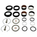 Assorted Moto Iron® hardware components from the Moto Iron Complete Fork Rebuild Kit for Harley-Davidson 39mm Fork, including rings, washers, clips, bushings, and bolts, arranged neatly on a white background.