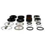 Assorted Moto Iron® hardware components from the Moto Iron Complete Fork Rebuild Kit for Harley-Davidson 39mm Fork, including rings, washers, clips, bushings, and bolts, arranged neatly on a white background.