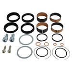 The Moto Iron® Complete Fork Rebuild Kit for Harley-Davidson 49mm forks includes bolts, washers, rings, bushings, and seals—perfectly arranged on a white background.