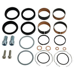 The Moto Iron® Complete Fork Rebuild Kit for Harley-Davidson 49mm forks includes bolts, washers, rings, bushings, and seals—perfectly arranged on a white background.