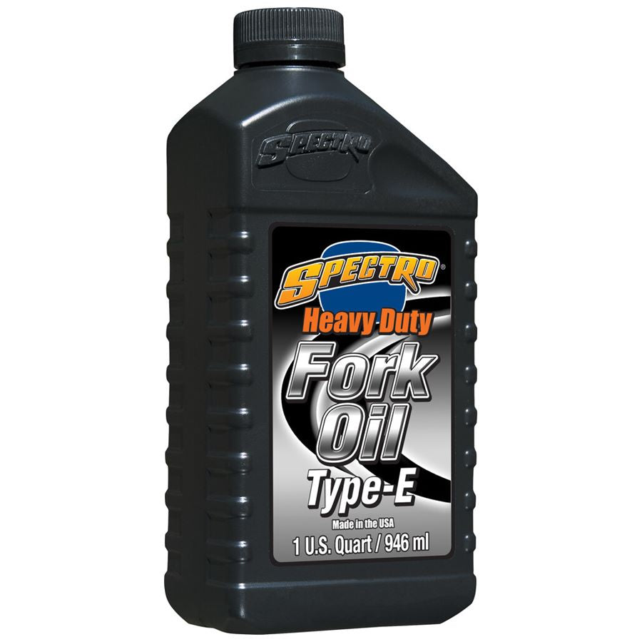 A bottle of Spectro Heavy Duty Fork Oil - 20 wt. (Type E) - 1 Quart, Spectro brand on a white background.