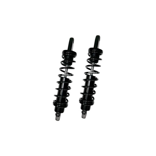 A pair of black Legend 13" Revo-A Coil Shocks 1999-2017 Harley Dyna - Black (Heavy Duty) by Legend Suspensions on a white background.