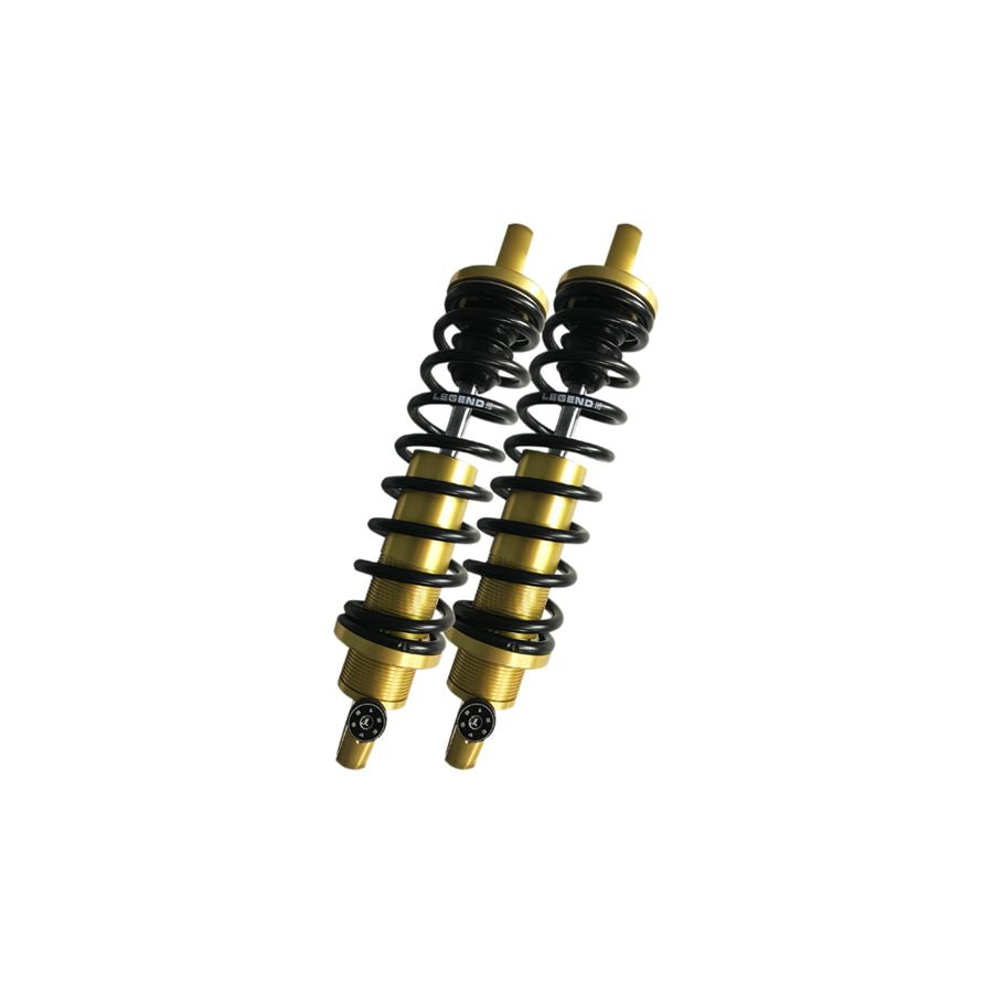 A pair of Legend Suspensions Heavy Duty gold and black springs on a white background.