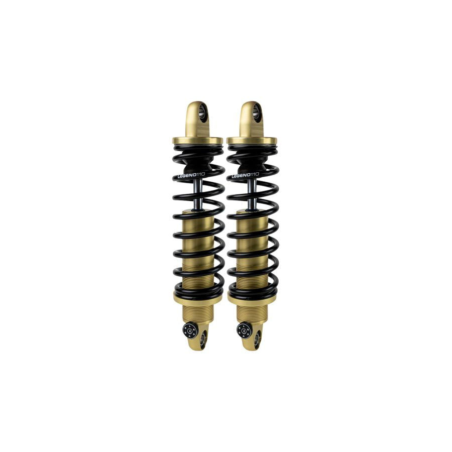 A pair of heavy-duty gold and black Legend 13" Revo-A Coil Shocks 1999-2017 Harley Dyna - Gold (Heavy Duty) by Legend Suspensions on a white background.