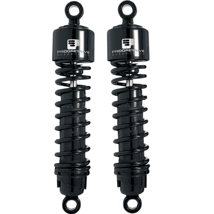 Two black Progressive Suspension Heavy Duty 13" 412 Series Shocks for Harley-Davidson Big Twin and Sportster 1958-2003 are shown side by side against a white background.