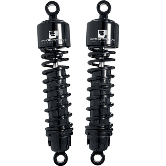 Two black Progressive Suspension Heavy Duty 13" 412 Series Shocks for Harley-Davidson Big Twin and Sportster 1958-2003 are shown side by side against a white background.