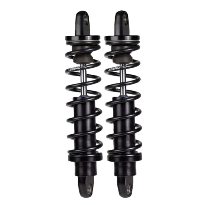 A pair of black Legend Suspensions Revo FL motorcycle shock absorbers.