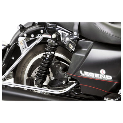A pair of black REVO-A Shocks by Legend Suspensions for a bagger motorcycle.