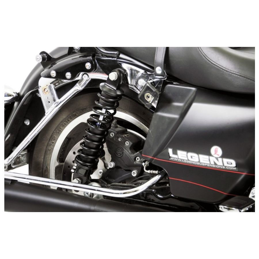 Pair of black Legend Suspensions REVO-A Shocks with Standard Springs for 99-24 FL motorcycles.