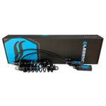 A set of four REVO ARC Remote Reservoir Shocks with standard springs in black, designed for '99-08 FL Touring models by Legend Suspensions, with blue accents and connected hydraulic lines.