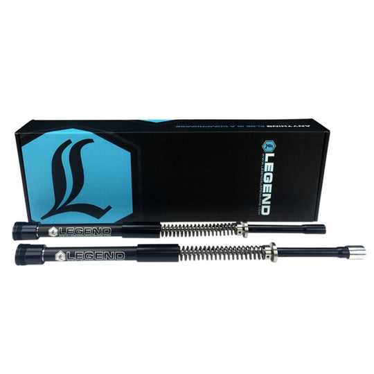 A pair of black and silver telescopic batons with the Legend AXEO High-Performance Front Suspension System For 97-13 FL Touring Models printed on them, featuring a front suspension system by Legend Suspensions.