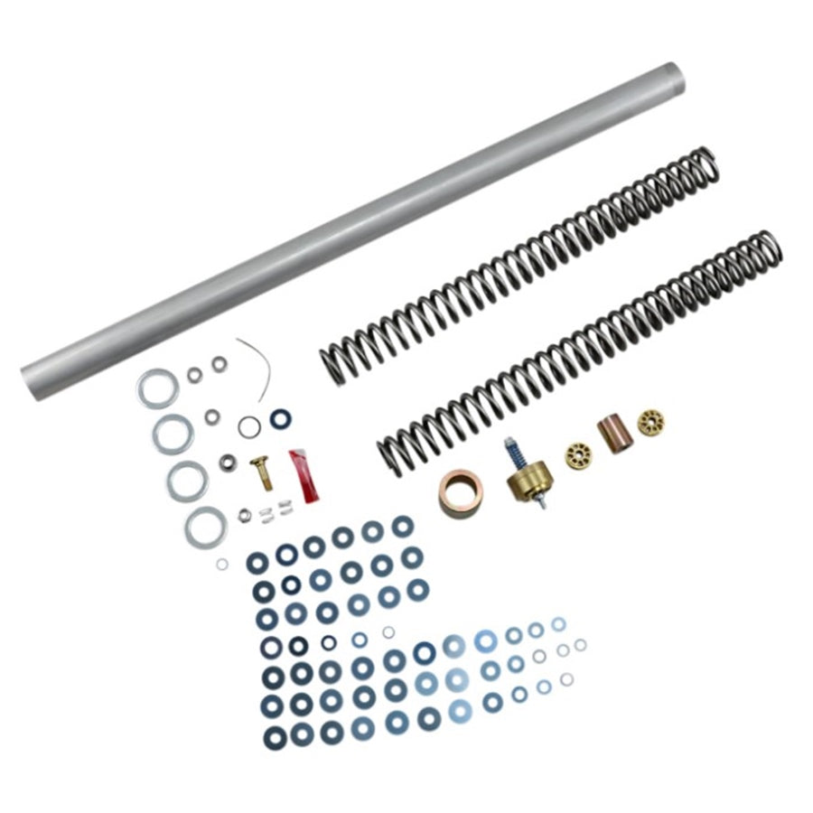 Assorted Race Tech Suspension mechanical parts, including Race Tech Gold Valve & Fork Spring Kit - 41mm (1.00 kg) for 02-05 Electra Glide & Road Glide, washers, screws, and a metal rod, arranged neatly on a white background.