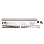 Disassembled mechanical parts, likely from a piece of hardware, arranged in order on a white background, including elements aimed at enhancing suspension performance with Race Tech Suspension's Gold Valve and Fork Spring Kit - 49mm (.95 kg) for Touring, Dyna, V-Rod Models.