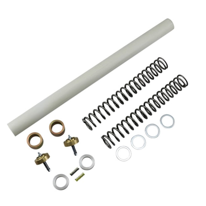 Assorted hardware components including springs, Race Tech Suspension Gold Valve & Fork Spring Kit - 49mm (1.00 kg) for Touring, Dyna, V-Rod Models, washers, nuts, bolts, and a cylindrical rod on a white background.