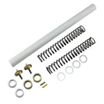 Assorted suspension parts, including the Race Tech Gold Valve & Fork Spring Kit - 49mm (1.10 kg) for Touring, Dyna, V-Rod Models and hardware, isolated on a white background.