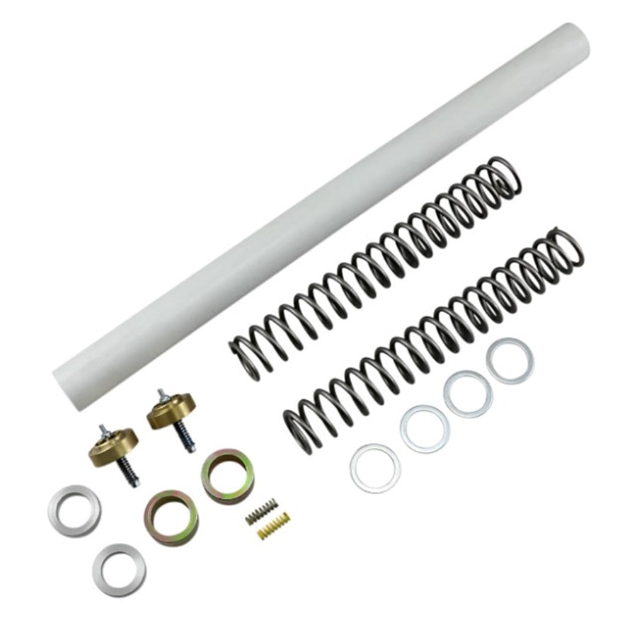 Assorted suspension parts, including the Race Tech Gold Valve & Fork Spring Kit - 49mm (1.10 kg) for Touring, Dyna, V-Rod Models and hardware, isolated on a white background.