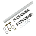 Assorted suspension parts, including the Race Tech Gold Valve & Fork Spring Kit - 49mm (1.10 kg) for Touring, Dyna, V-Rod Models and hardware, isolated on a white background.