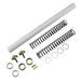 Assorted suspension parts, including the Race Tech Gold Valve & Fork Spring Kit - 49mm (1.10 kg) for Touring, Dyna, V-Rod Models and hardware, isolated on a white background.