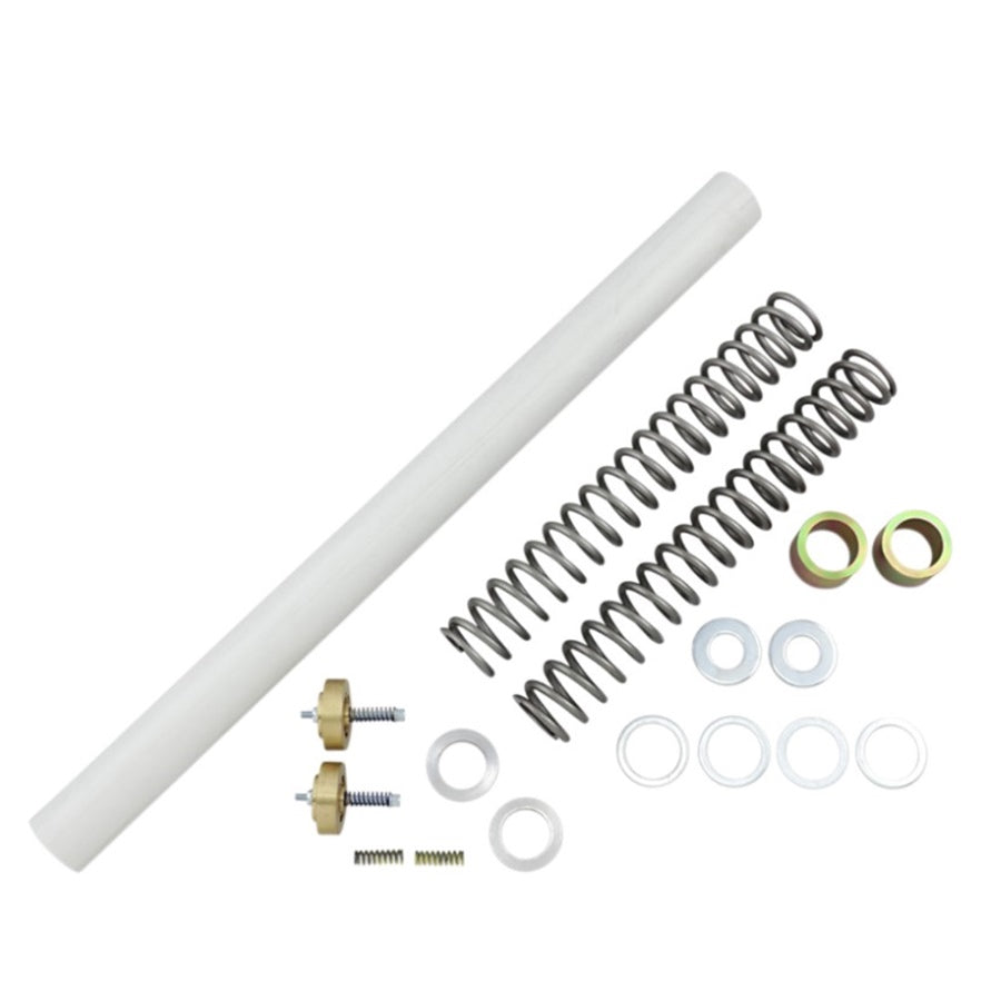 Assorted mechanical parts including springs, Race Tech Gold Valve & Fork Spring Kit - 49mm (1.20 kg) for Touring, Dyna, V-Rod Models, screws, and a rod, arranged on a white background.