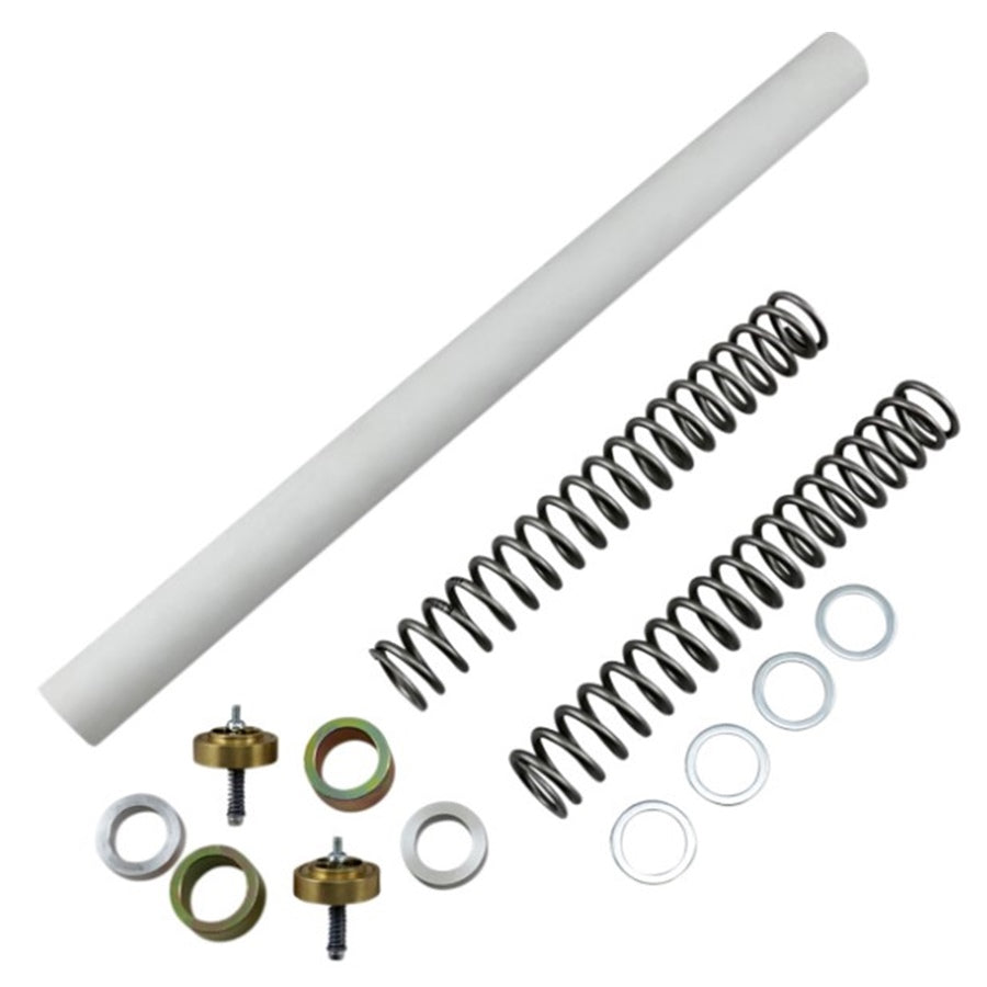 Assorted suspension components including springs, washers, bushings, and a Race Tech Gold Valve & Fork Spring Kit - 49mm (1.30 kg) for Touring, Dyna, V-Rod Models from Race Tech Suspension.