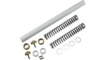 Disassembled mechanical parts, likely from a piece of hardware, arranged in order on a white background, including elements aimed at enhancing suspension performance with Race Tech Suspension's Gold Valve and Fork Spring Kit - 49mm (.95 kg) for Touring, Dyna, V-Rod Models.