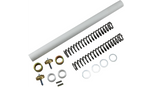 Disassembled mechanical parts, likely from a piece of hardware, arranged in order on a white background, including elements aimed at enhancing suspension performance with Race Tech Suspension&