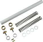 Disassembled mechanical parts, likely from a piece of hardware, arranged in order on a white background, including elements aimed at enhancing suspension performance with Race Tech Suspension's Gold Valve and Fork Spring Kit - 49mm (.95 kg) for Touring, Dyna, V-Rod Models.