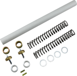 Disassembled mechanical parts, likely from a piece of hardware, arranged in order on a white background, including elements aimed at enhancing suspension performance with Race Tech Suspension&