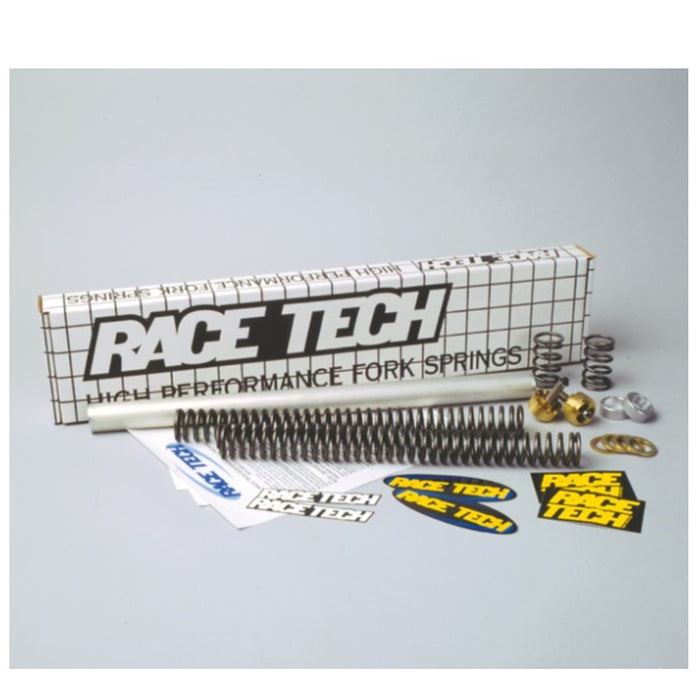 Assorted mechanical springs, including Race Tech Suspension Gold Valve & Fork Spring Kit (.80KG) Fits Sportster & Dyna 39mm, and fasteners displayed on a white background optimized for suspension performance.