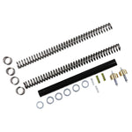 Various Race Tech Gold Valve & Fork Spring Kit (.85KG) Fits Sportster & Dyna 39mm suspension performance springs and hardware components laid out on a white background.