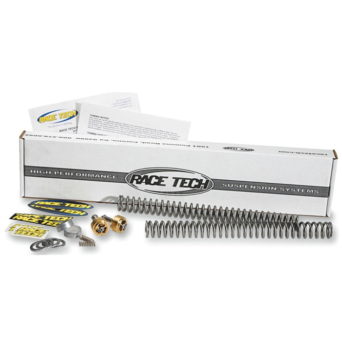 Assorted mechanical springs, including a Race Tech Gold Valve & Fork Spring Kit (.90KG) Fits Sportster & Dyna 39mm and hardware components from Race Tech Suspension, laid out on a white background.