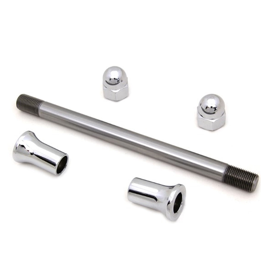 Wyatt Gatling Chrome Front Acorn Style Axle Kit - 9" Long - 5/8" Diameter with metal bolt, threaded end, and three accompanying nuts.
