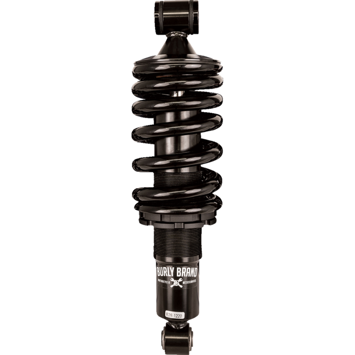 The Burly Slammer Lowering Shock for 2018-Up Harley-Davidson Softail features a coiled spring and "Burly" logo on the lower cylinder, shown here in black against a white background.