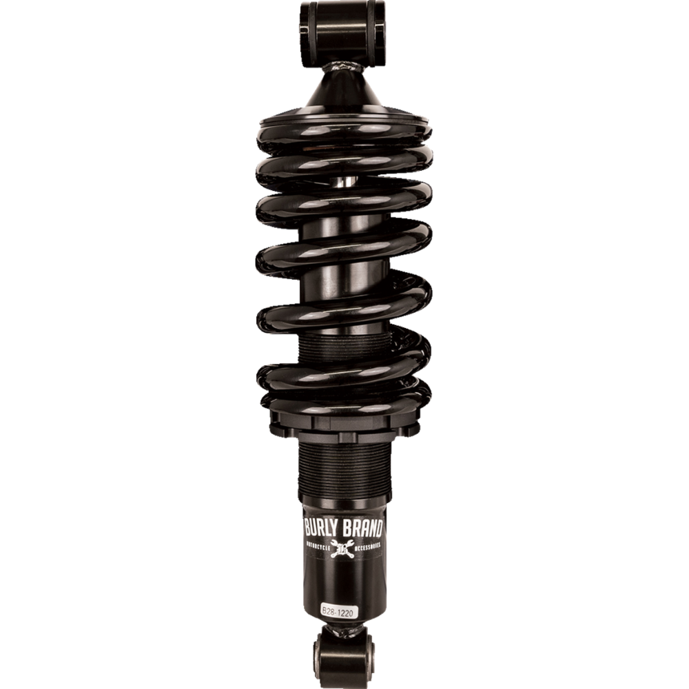 The Burly Slammer Lowering Shock for 2018-Up Harley-Davidson Softail features a coiled spring and "Burly" logo on the lower cylinder, shown here in black against a white background.