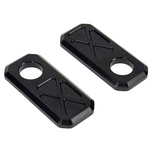 Two black and two silver rectangular plates with X-pattern engraving, plus two Handlebar Riser Bushings from the TC Bros. Handlebar Riser Bushing Conversion Kit, are arranged on a white background.