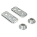 Two black and two silver rectangular plates with X-pattern engraving, plus two Handlebar Riser Bushings from the TC Bros. Handlebar Riser Bushing Conversion Kit, are arranged on a white background.