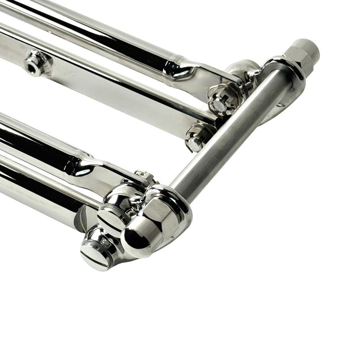 Front view of a Wyatt Gatling Springer Front End for Harley-Davidson frames with 1" neck, featuring chrome plating, dual springs, and extended fork legs, isolated on a white background.