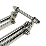 Front view of a Wyatt Gatling Springer Front End for Harley-Davidson frames with 1" neck, featuring chrome plating, dual springs, and extended fork legs, isolated on a white background.