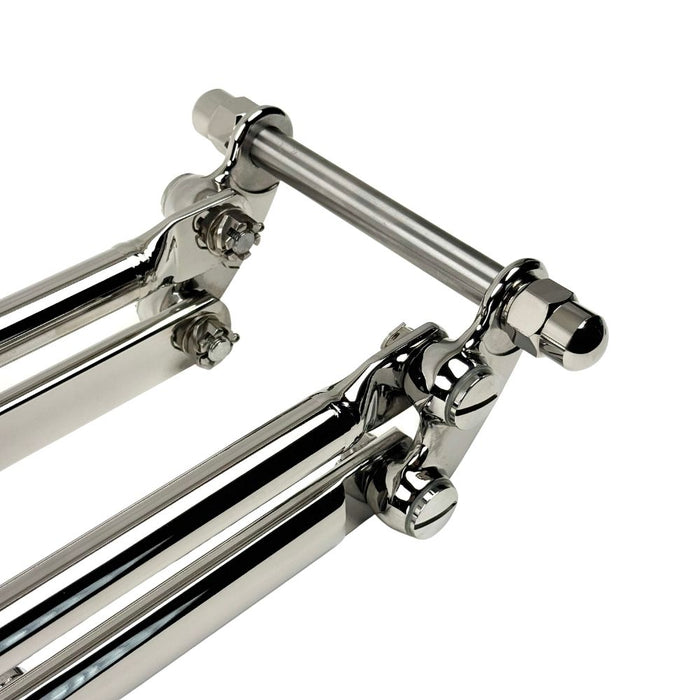 Front view of a Wyatt Gatling Springer Front End for Harley-Davidson frames with 1" neck, featuring chrome plating, dual springs, and extended fork legs, isolated on a white background.