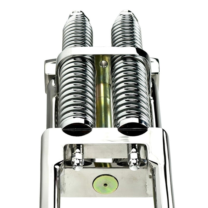 Front view of a Wyatt Gatling Springer Front End for Harley-Davidson frames with 1" neck, featuring chrome plating, dual springs, and extended fork legs, isolated on a white background.