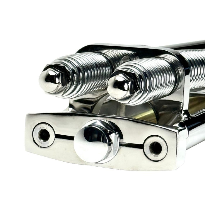 Front view of a Wyatt Gatling Springer Front End for Harley-Davidson frames with 1" neck, featuring chrome plating, dual springs, and extended fork legs, isolated on a white background.