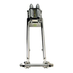 Front view of a Wyatt Gatling Springer Front End for Harley-Davidson frames with 1" neck, featuring chrome plating, dual springs, and extended fork legs, isolated on a white background.