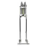 Front view of a Wyatt Gatling Springer Front End for Harley-Davidson frames with 1" neck, featuring chrome plating, dual springs, and extended fork legs, isolated on a white background.