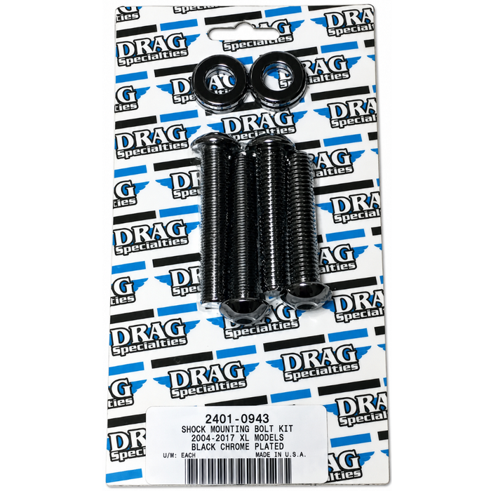 Four metal hex socket bolts and four washers from the Drag Specialties Shock Mount Kit for Harley-Davidson Sportster are shown on a white background.
