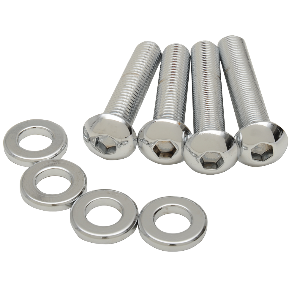 Four metal hex socket bolts and four washers from the Drag Specialties Shock Mount Kit for Harley-Davidson Sportster are shown on a white background.