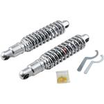 Two pairs of Drag Specialties Premium Adjustable Height Shocks for 1957-2017 Harley-Davidson—one set black, one chrome—are displayed against a white background.