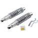 Two pairs of Drag Specialties Premium Adjustable Height Shocks for 1957-2017 Harley-Davidson—one set black, one chrome—are displayed against a white background.