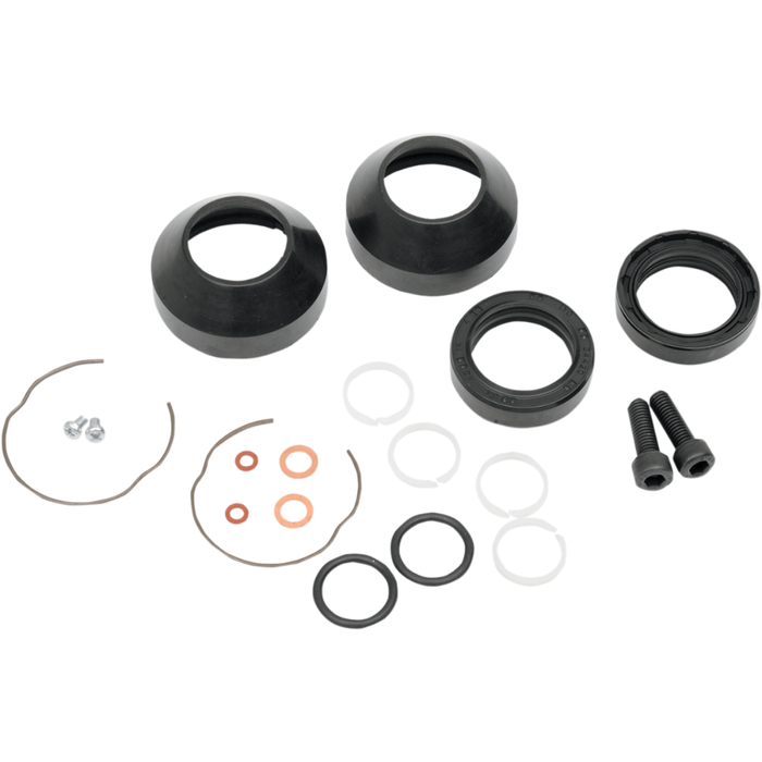 A collection of small mechanical components—including rubber gaskets, seals, washers, screws, and snap rings—from the Drag Specialties Fork Rebuild Kit for 1977-1983 Harley-Davidson 35mm Fork is displayed on a white background.