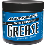 A blue and black 16 oz (454 grams) container labeled “Maxima Waterproof Grease” from Maxima, featuring white and black text. This high-temperature waterproof grease is specially formulated for motorcycle applications.